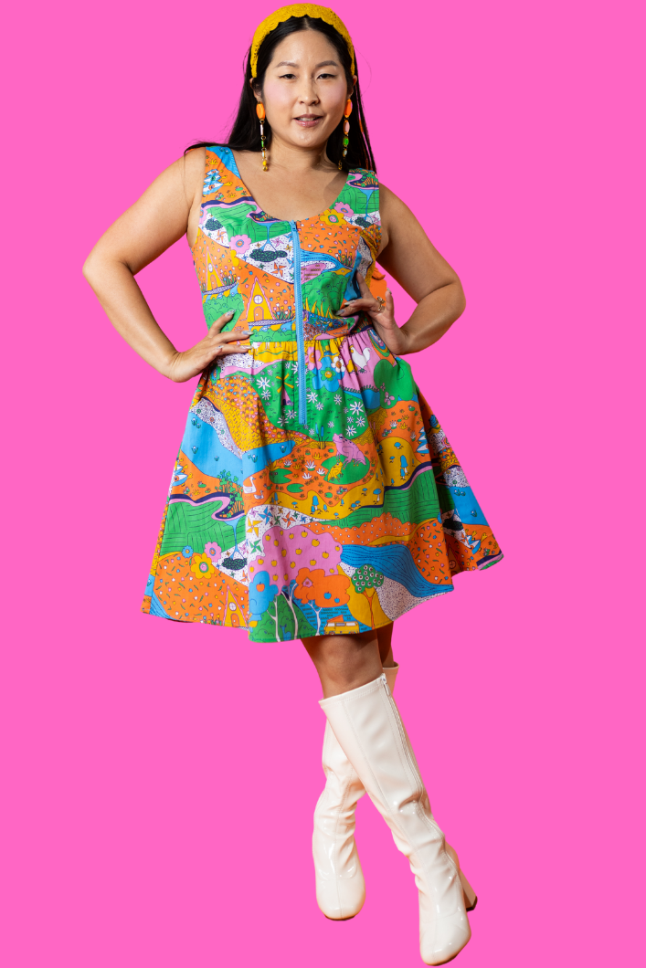 Landscape Print Fit & Flare Midi Dress in Rainbow Farm