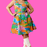 Landscape Print Fit & Flare Midi Dress in Rainbow Farm