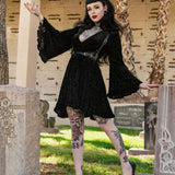 Nyx - Bell Sleeved Velvet Damask Dress with Harness
