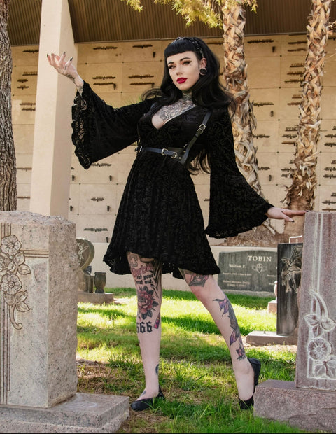 Nyx - Bell Sleeved Velvet Damask Dress with Harness