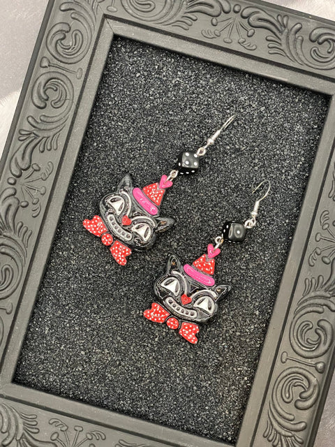 Retro Black Cat with Party Hat Earrings