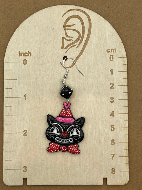 Retro Black Cat with Party Hat Earrings
