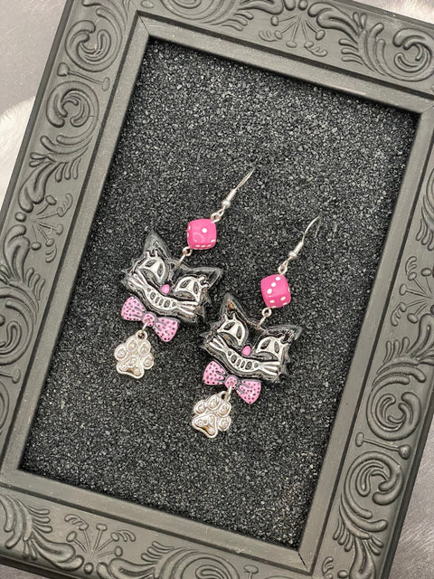 Retro Black Cat with Sparkle Paw Earrings