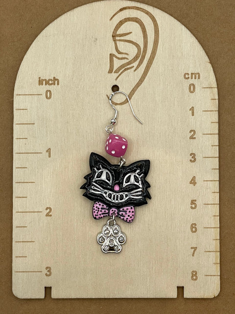 Retro Black Cat with Sparkle Paw Earrings