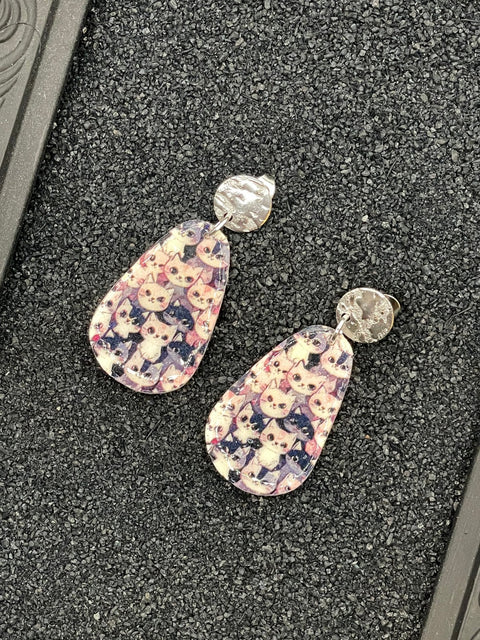 Cat Print Teardrop Dangle Earrings