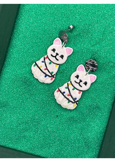Holiday Cat Wrapped in Lights Earrings - Multi