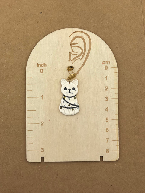 Holiday Cat Wrapped in Lights Earrings - Gold