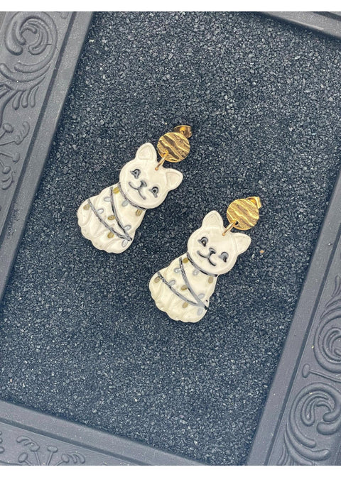 Holiday Cat Wrapped in Lights Earrings - Gold