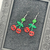Tattoo - Cherry Skull Earrings with Dice: Handmade Polymer Clay