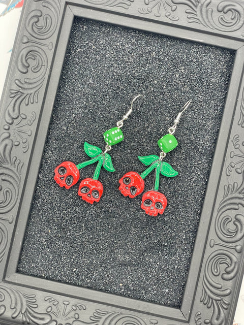 Tattoo - Cherry Skull Earrings with Dice: Handmade Polymer Clay