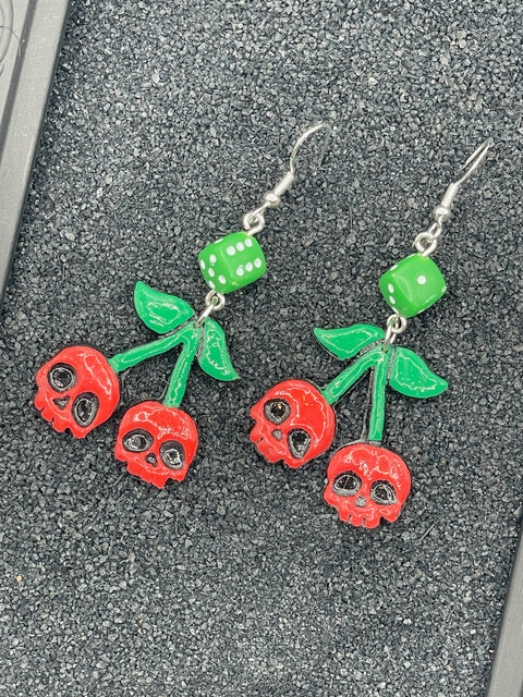 Tattoo - Cherry Skull Earrings with Dice: Handmade Polymer Clay