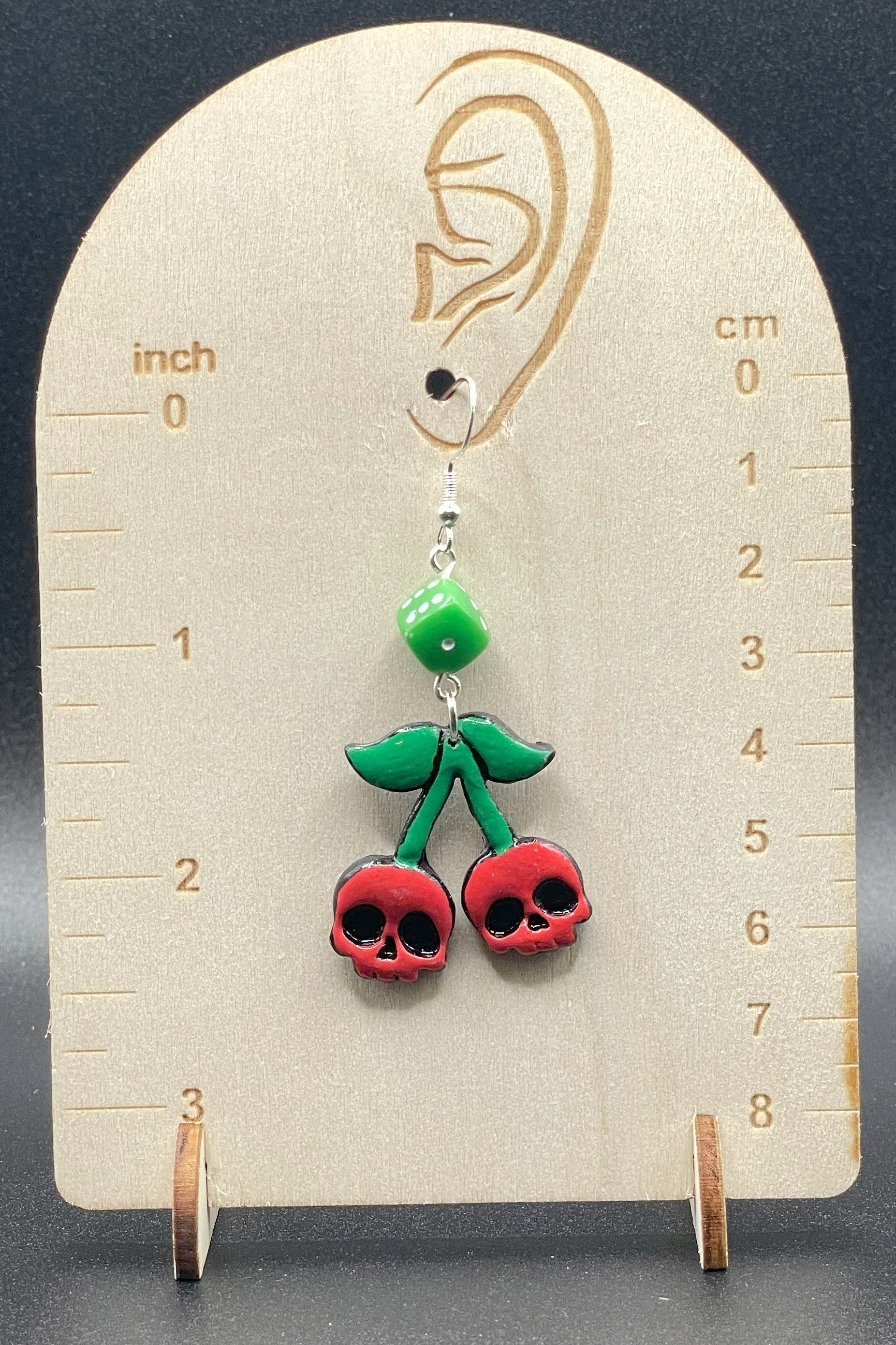 Tattoo - Cherry Skull Earrings with Dice: Handmade Polymer Clay