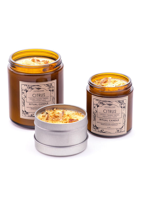 Citrus Ritual Candle with Quartz and Herbs