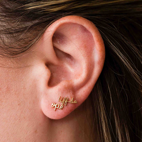 Tiny Uff da Script Stud Earrings Sterling Silver