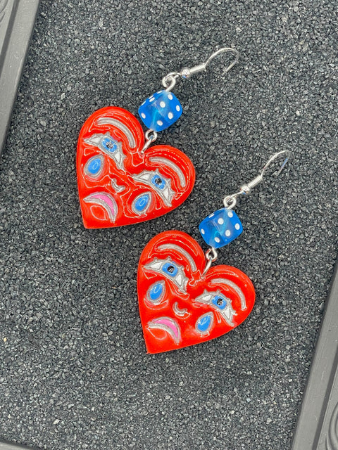 Tattoo - Crying Heart Earrings with Dice: Handmade Polymer Clay