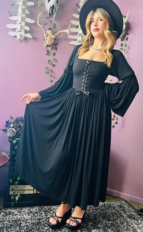 Lilith - Dark Cottage Goth Lace Up Jersey Dress