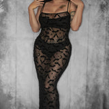 Sheer Hourglass Maxi Dress - Velvet Flocked Bats
