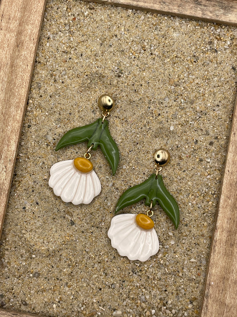 Spring Fling - White Daisy Dangle Earrings: Handmade Polymer Clay