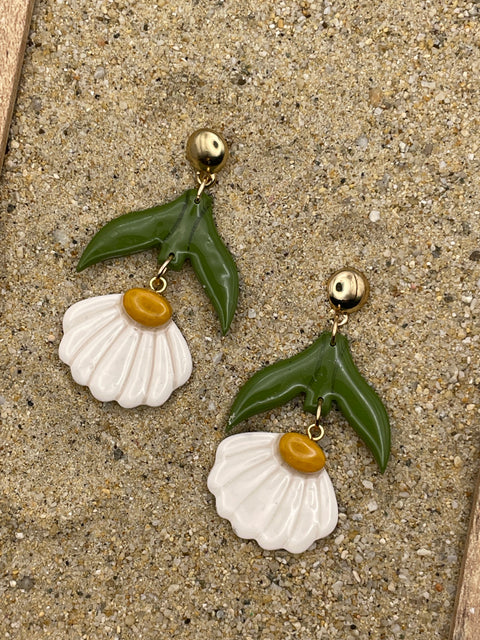 Spring Fling - White Daisy Dangle Earrings: Handmade Polymer Clay
