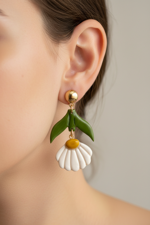 Spring Fling - White Daisy Dangle Earrings: Handmade Polymer Clay