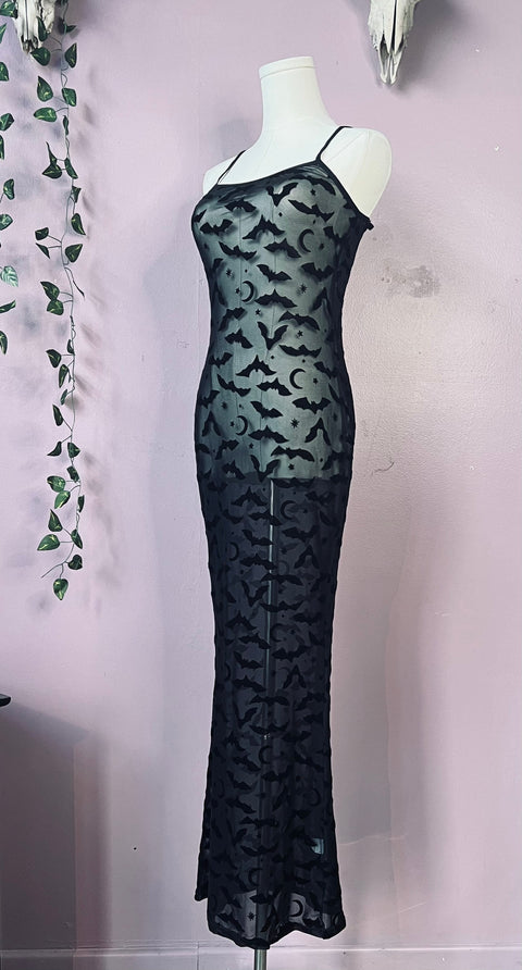 Sheer Hourglass Maxi Dress - Velvet Flocked Bats