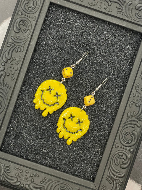Drippy Smiley Face with Dice Earrings