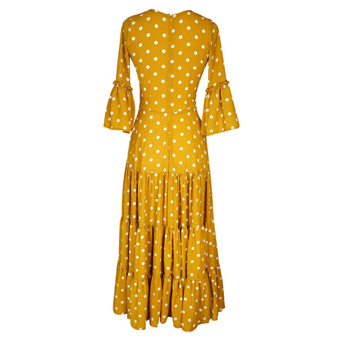Imogen Petite 3-Tier Ruffle Maxi Dress in Mustard Polka