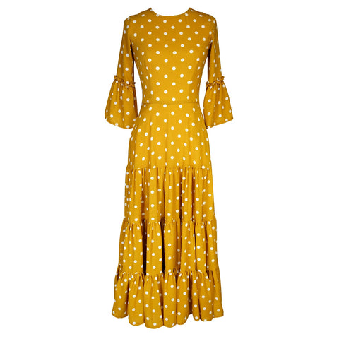 Imogen Petite 3-Tier Ruffle Maxi Dress in Mustard Polka