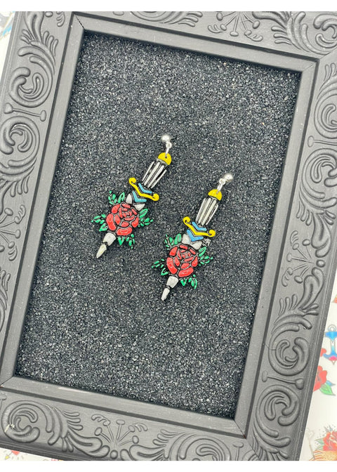Tattoo - Dagger Rose Earrings: Handmade, Hand-Painted Polymer Clay