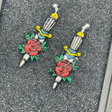 Tattoo - Dagger Rose Earrings: Handmade, Hand-Painted Polymer Clay