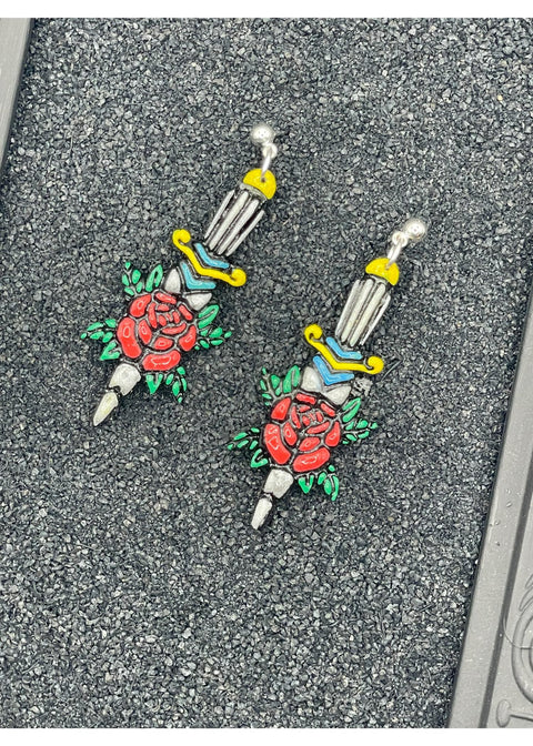 Tattoo - Dagger Rose Earrings: Handmade, Hand-Painted Polymer Clay