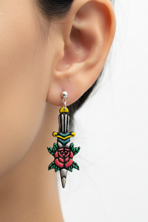 Tattoo - Dagger Rose Earrings: Handmade, Hand-Painted Polymer Clay
