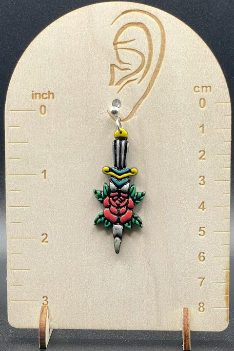 Tattoo - Dagger Rose Earrings: Handmade, Hand-Painted Polymer Clay