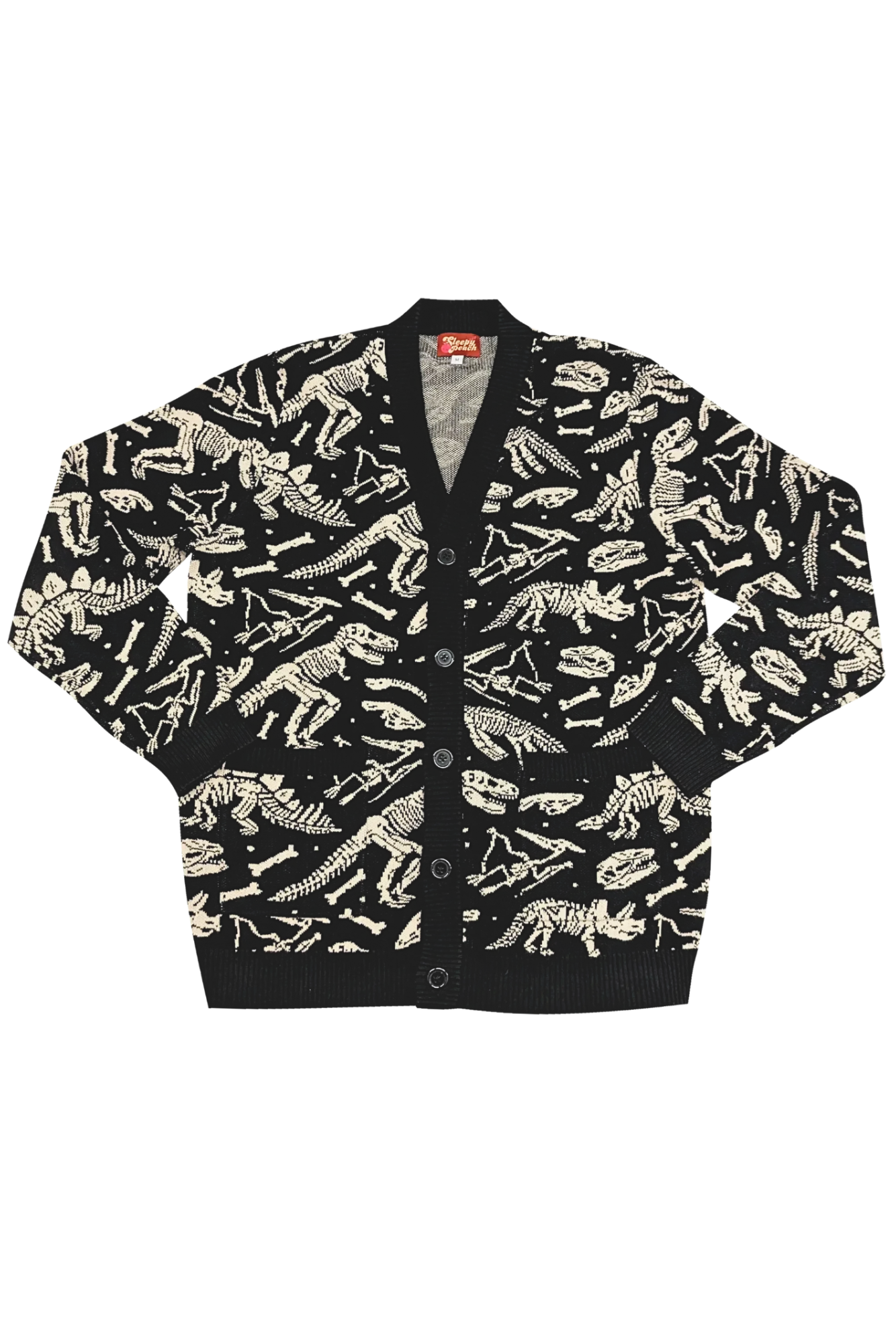 Black cardigan with white dinosaur skeleton pattern on a white background
