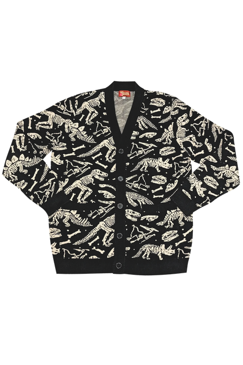 Black cardigan with white dinosaur skeleton pattern on a white background
