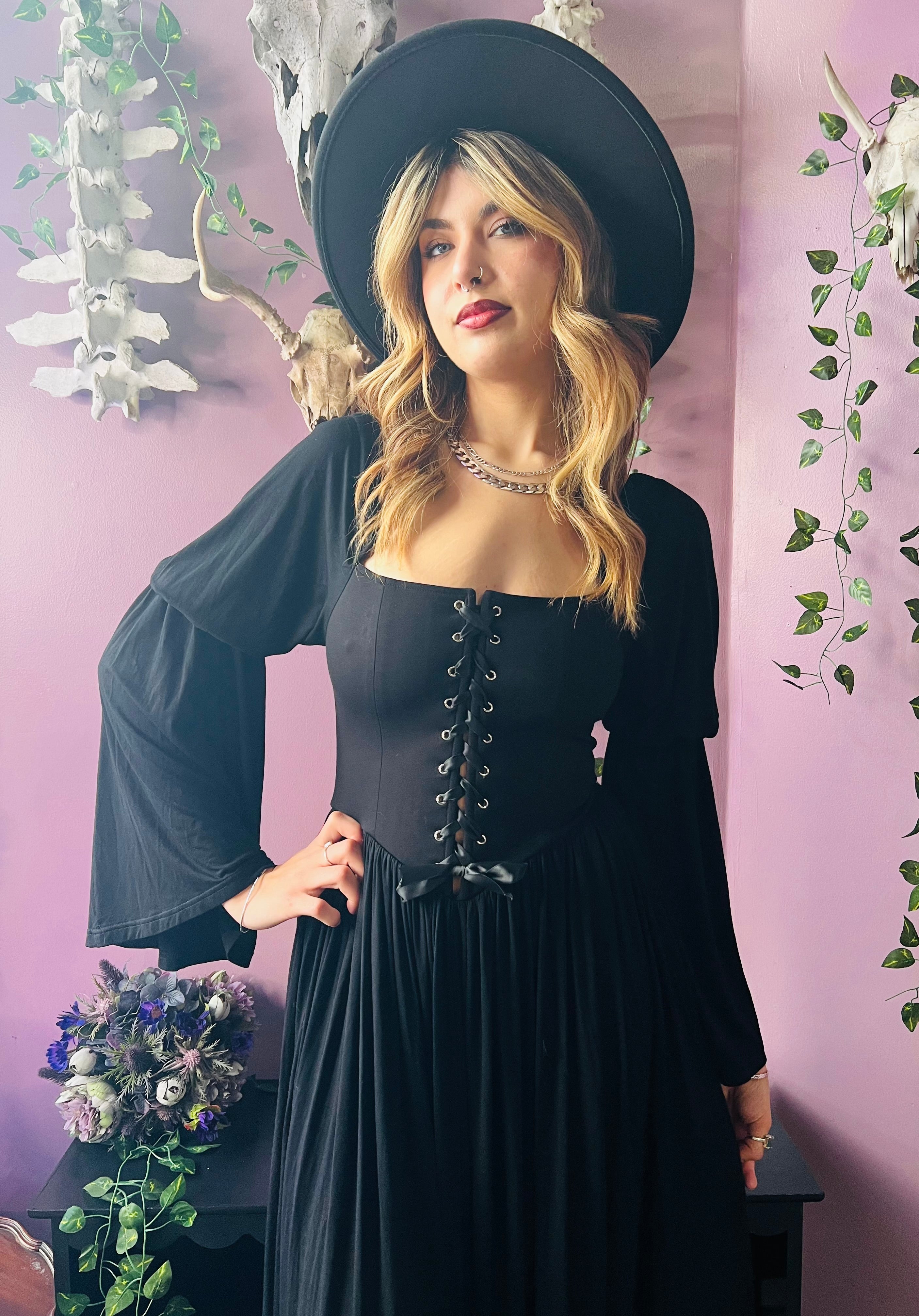 Lilith - Dark Cottage Goth Lace Up Jersey Dress – ModCloth