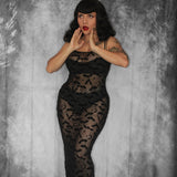 Sheer Hourglass Maxi Dress - Velvet Flocked Bats