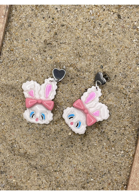 White Fluffy Easter Bunny Earrings with Pink Bow