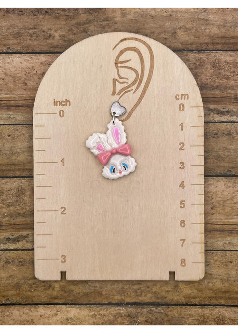 White Fluffy Easter Bunny Earrings with Pink Bow