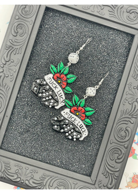 Tattoo Love F*ck Luck Dice Earrings