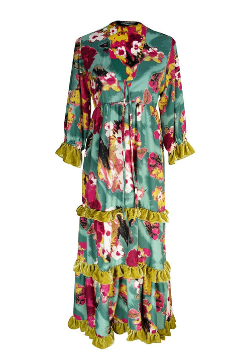 Ophelia Velvet Ruffle Maxi Dress in Fuchsia Fae