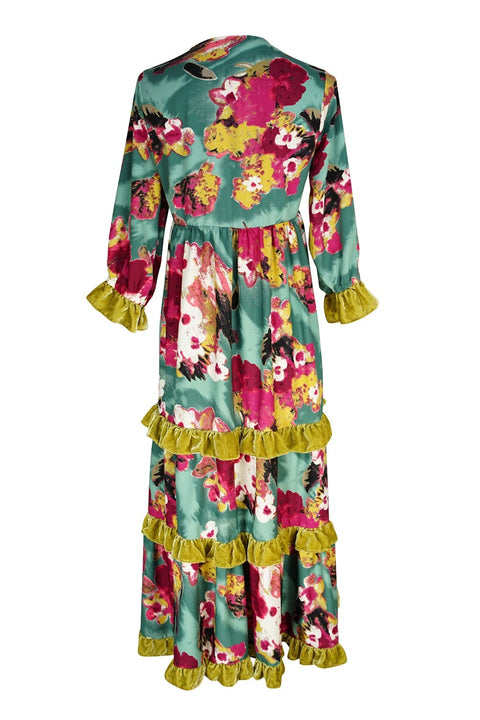 Ophelia Velvet Ruffle Maxi Dress in Fuchsia Fae