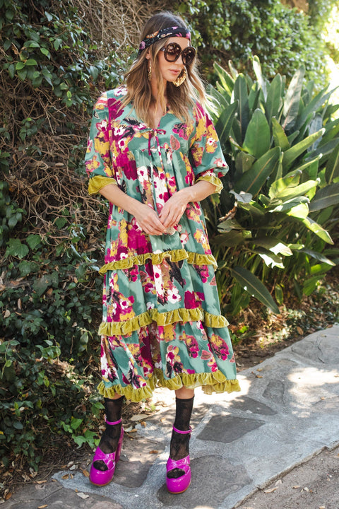 Ophelia Velvet Ruffle Maxi Dress in Fuchsia Fae