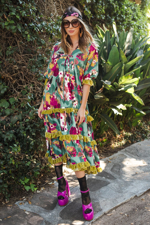 Ophelia Velvet Ruffle Maxi Dress in Fuchsia Fae