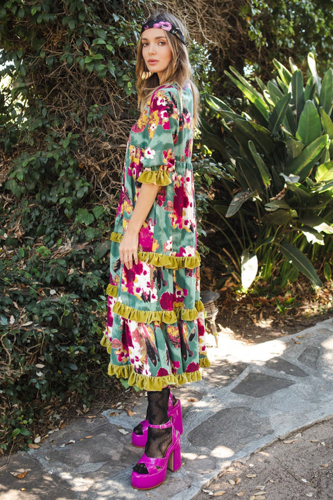 Ophelia Velvet Ruffle Maxi Dress in Fuchsia Fae
