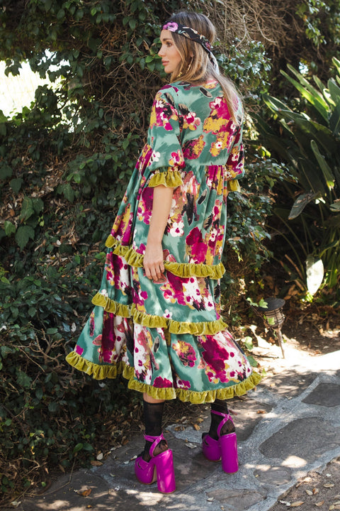 Ophelia Velvet Ruffle Maxi Dress in Fuchsia Fae