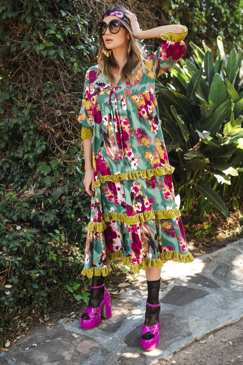 Ophelia Velvet Ruffle Maxi Dress in Fuchsia Fae