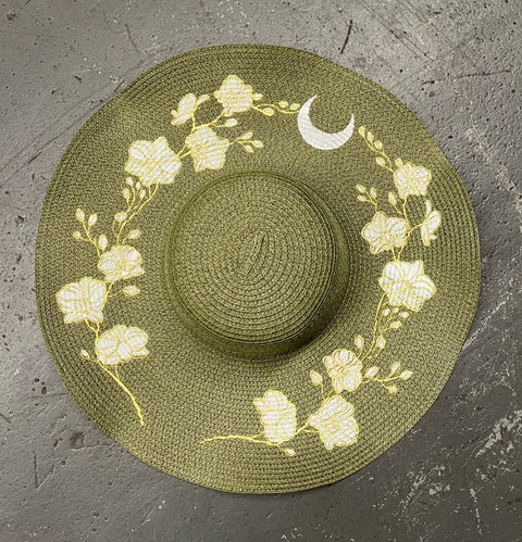 Embroidered Floppy Sun Hat - XL Brim - Orchids