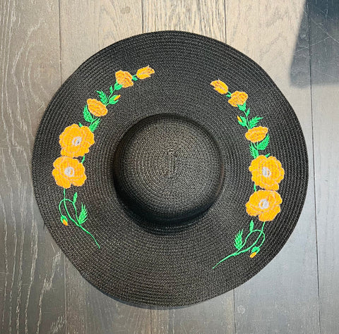 Embroidered Floppy Sun Hat - XL Brim - Poppies
