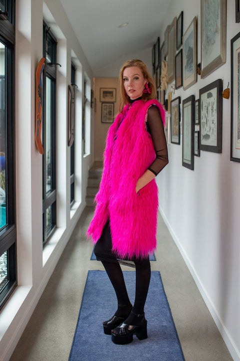 Genghis Faux Fur Vest in Voltage Pink